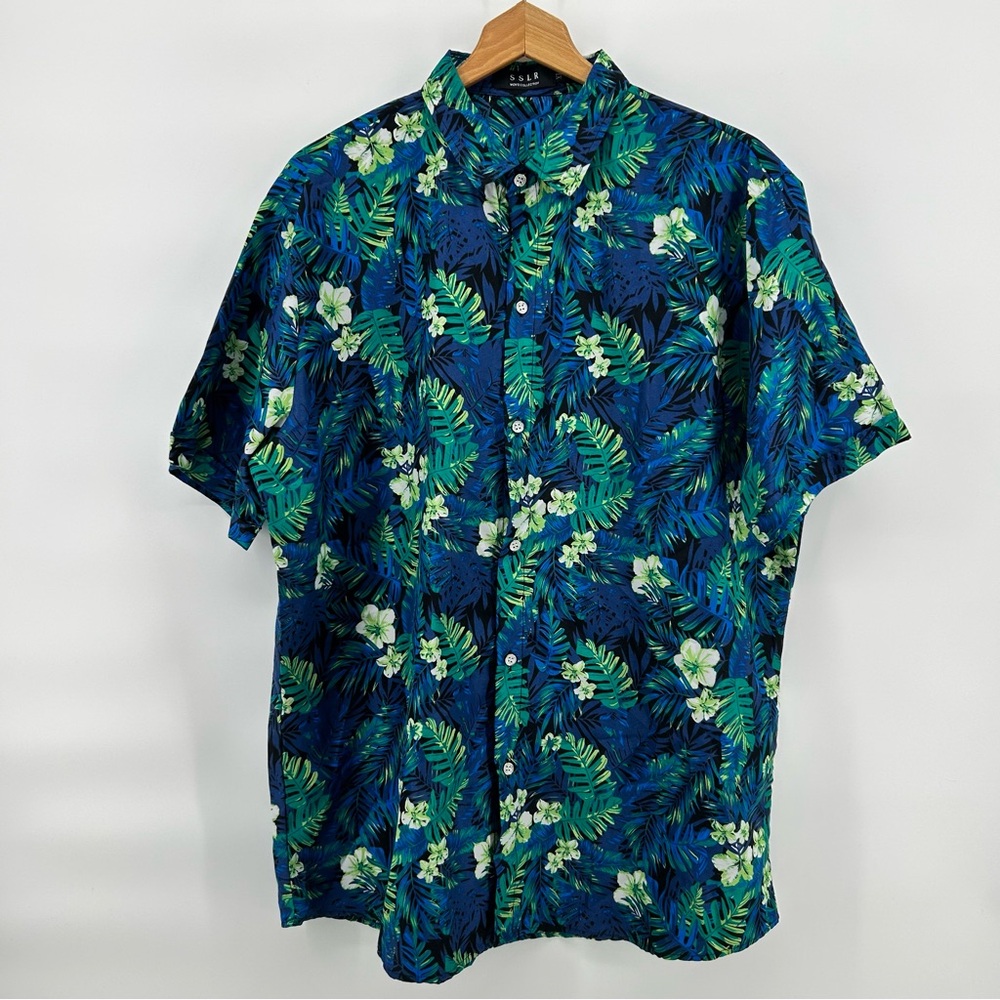 SSLR Aloha Hawaiian Camp Shirt Men's XL‎ Blue Vibrant Floral Pattern EUC